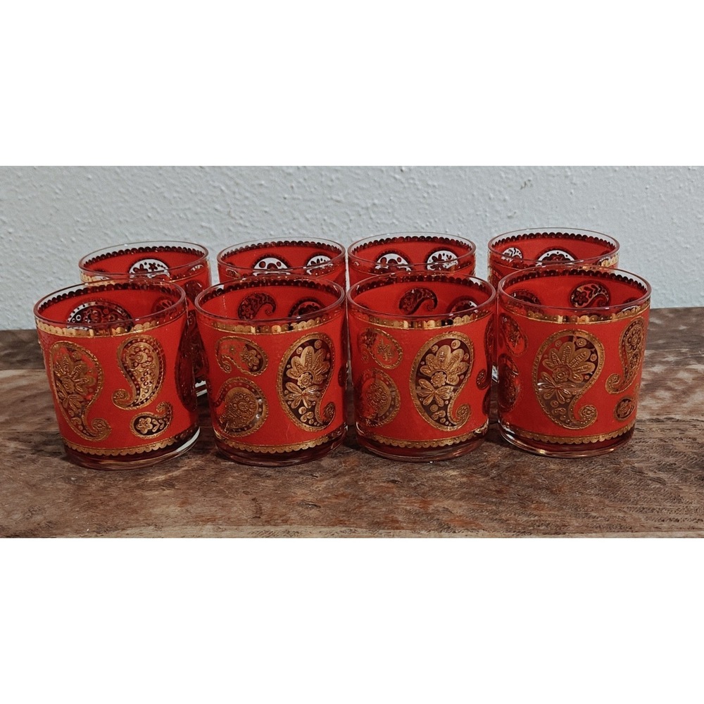 Vintage MCM Culver Red And Gold Paisley Lowball Glasses Set Of 8
